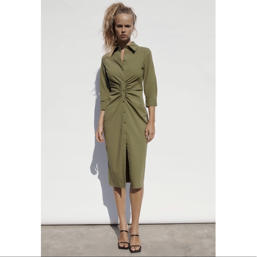 Zara Khaki Green Button-Down Midi Dress
